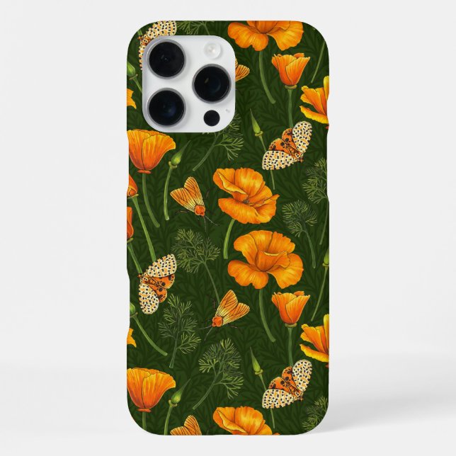 California poppies and moths on dark green iPhone case (Back)