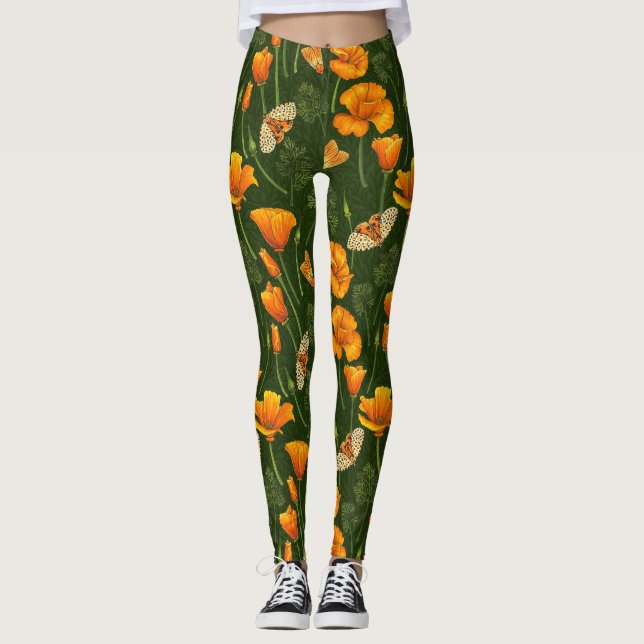 California poppies and moths on dark green leggings (Front)