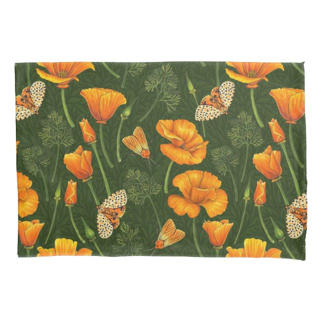 California poppies and moths on dark green pillowcase (Front-Left)