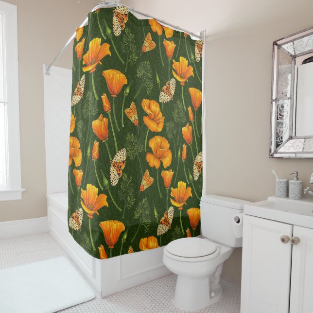 California poppies and moths on dark green shower curtain (In Situ)
