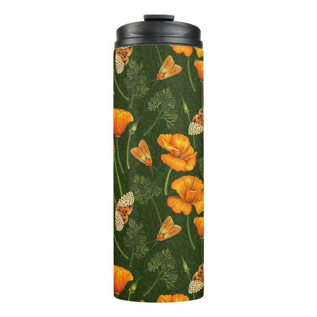 California poppies and moths on dark green thermal tumbler (Front)