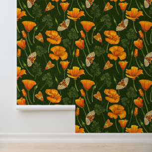California poppies and moths on dark green wallpaper