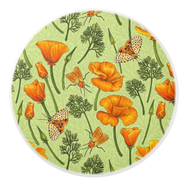 California poppies and moths on honey dew ceramic knob (Front)