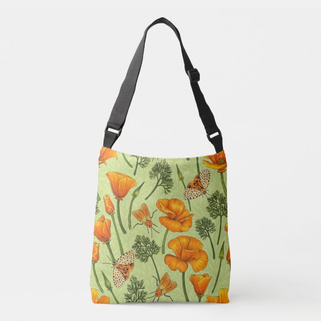 California poppies and moths on honey dew crossbody bag (Front)