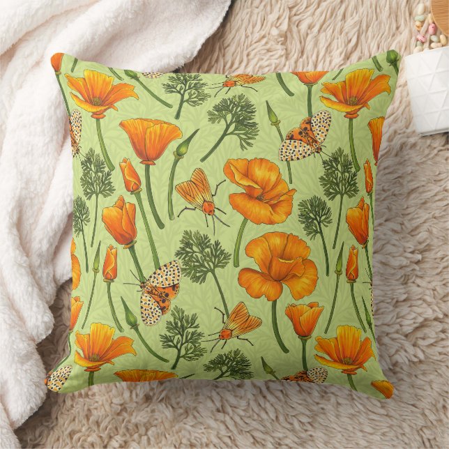 California poppies and moths on honey dew cushion (Blanket)
