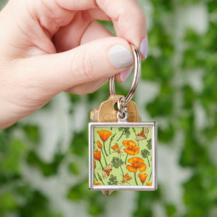 California poppies and moths on honey dew key ring