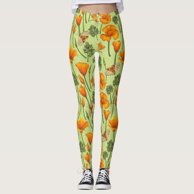 California poppies and moths on honey dew leggings (Front)