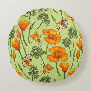 California poppies and moths on honey dew round cushion