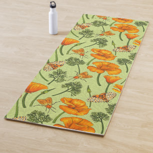 California poppies and moths on honey dew yoga mat