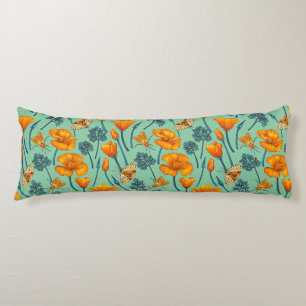 California poppies and moths on jade body cushion
