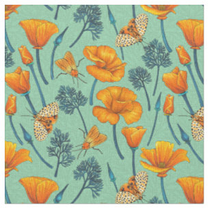 California poppies and moths on jade fabric