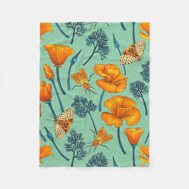 California poppies and moths on jade fleece blanket (Front)