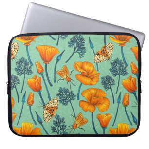California poppies and moths on jade laptop sleeve