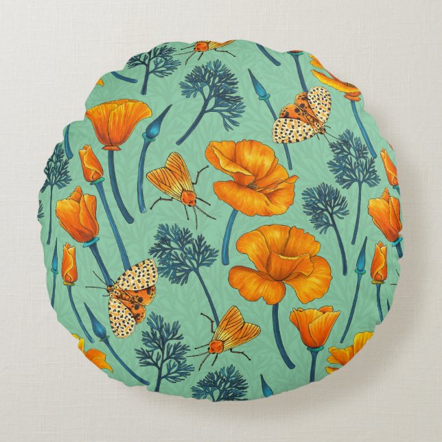 California poppies and moths on jade round cushion (Front)