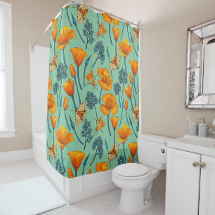 California poppies and moths on jade shower curtain