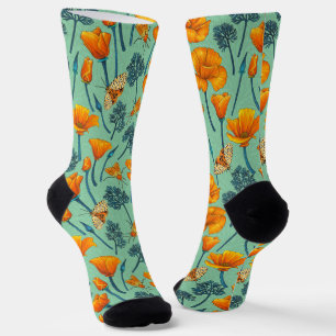 California poppies and moths on jade socks