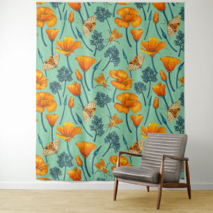 California poppies and moths on jade tapestry