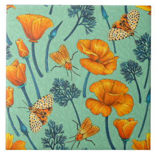 California poppies and moths on jade tile