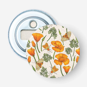 California poppies and moths on off white 2 bottle opener