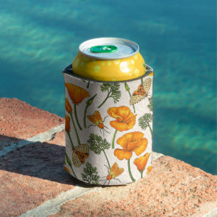 California poppies and moths on off white 2 can cooler