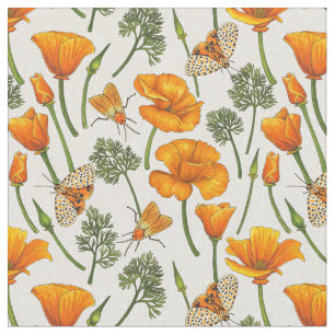 California poppies and moths on off white 2 fabric