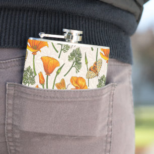 California poppies and moths on off white 2 hip flask