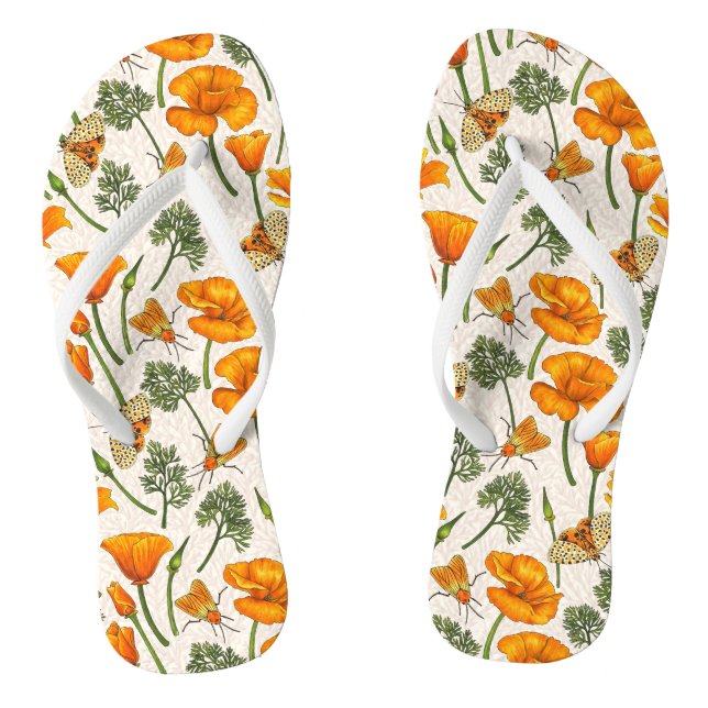 California poppies and moths on off white 2 jandals (Footbed)