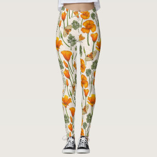 California poppies and moths on off white 2 leggings