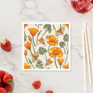 California poppies and moths on off white 2 napkin