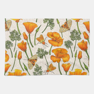 California poppies and moths on off white 2 tea towel
