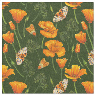 California poppies and moths on off white fabric
