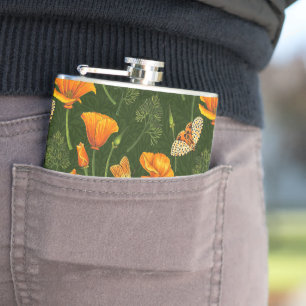 California poppies and moths on off white hip flask