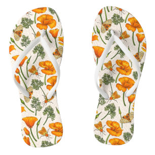 California poppies and moths on off white jandals