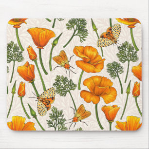 California poppies and moths on off white mouse pad