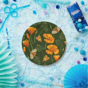 California poppies and moths on off white paper plate