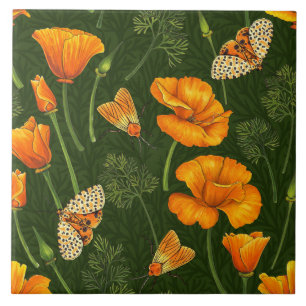 California poppies and moths on off white tile