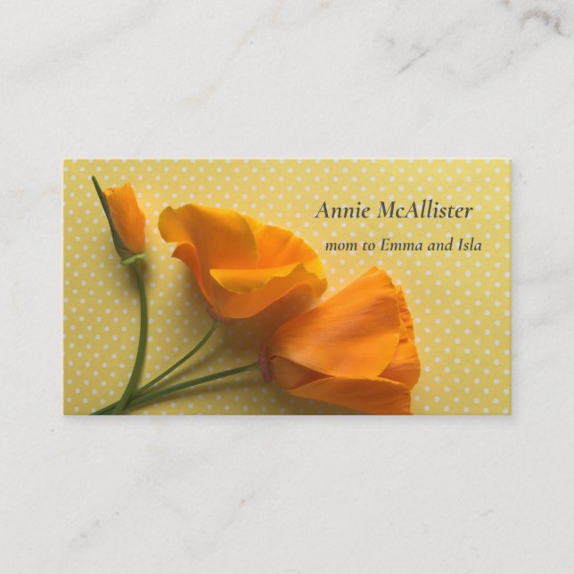 California poppies on yellow and white polka dots business card (Front)