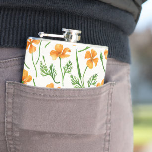 California poppies, summertime flowers, orange wil hip flask