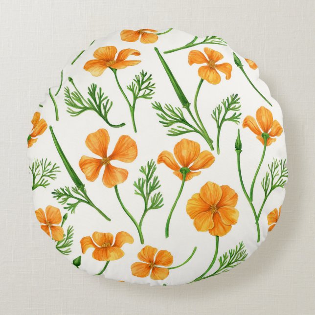 California poppies, summertime flowers, orange wil round cushion (Front)
