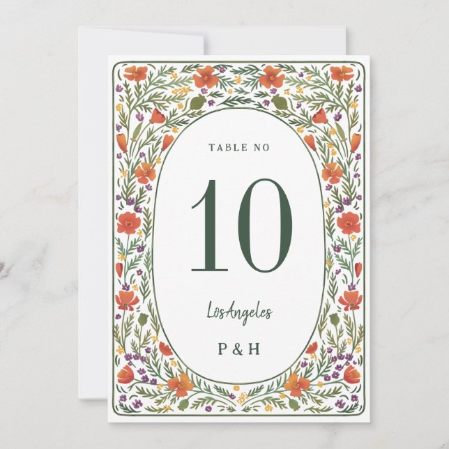 California Poppies Wedding Table Number Card (Front)