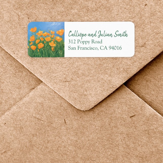 California Poppy Field Painting Return Address (Add a bright pop of color with these california poppy flower field return address labels.)