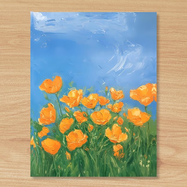 California Poppy Field Sky Impressionist Painting Postcard (Beautiful bright and happy oil painting style postcard of orange poppies in a field in California. )