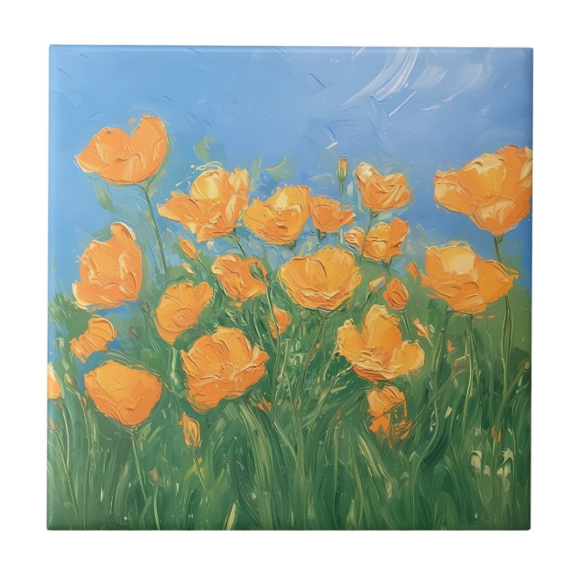 California Poppy Field Sky Impressionist Painting Tile (Front)