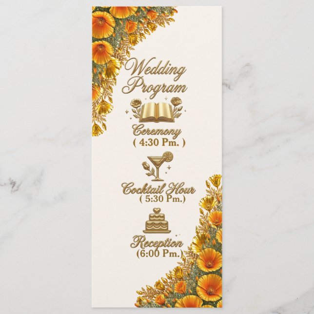 California Poppy Floral Wedding Program Card (Front)