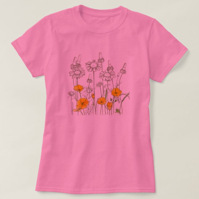 California Poppy Flower Wildflower Sketch T-Shirt (Design Front)