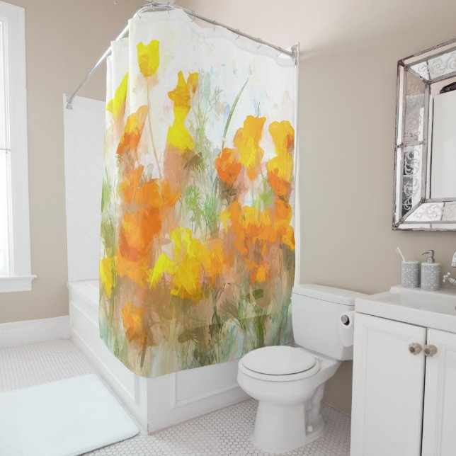 California Poppy Impressionistic Art Shower Curtain (In Situ)