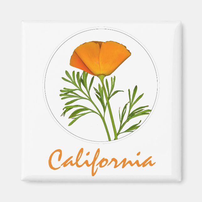 California Poppy in a Circle, "California" Text Magnet (Front)