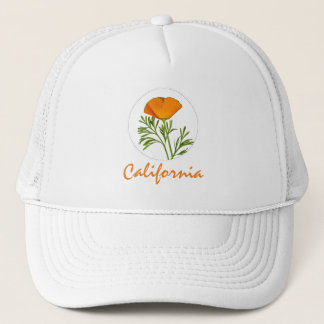 California Poppy in a Circle, "California" Text Trucker Hat