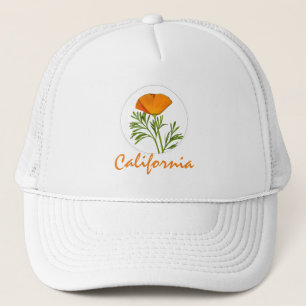 California Poppy in a Circle, "California" Text Trucker Hat