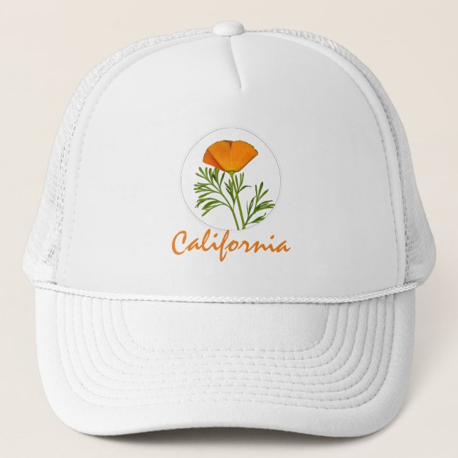 California Poppy in a Circle, "California" Text Trucker Hat (Front)